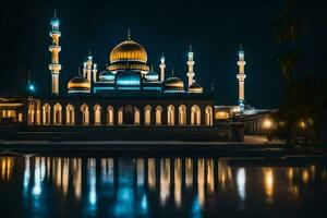 the mosque at night with its lights on. AI-Generated photo