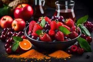 fresh berries and spices in a bowl on a dark background. AI-Generated photo