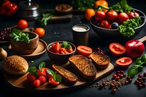 foods on a table with bread, fruit, vegetables and milk. AI-Generated photo