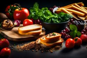 comidas en un mesa con pan, vegetales y otro ingredientes. generado por ai foto