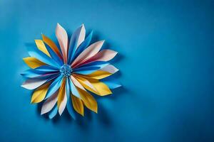 a colorful flower made out of paper on a blue background. AI-Generated photo