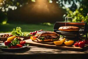 a grill with a hamburger and vegetables on a table. AI-Generated photo
