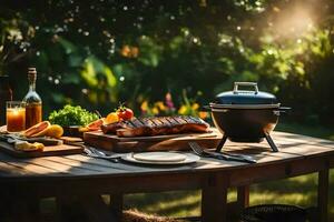 a barbecue grill on a table with food and drinks. AI-Generated photo