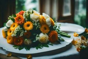 a bouquet of orange and white flowers on a table. AI-Generated photo