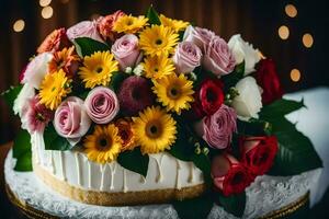 a cake with flowers on top and a candle. AI-Generated photo