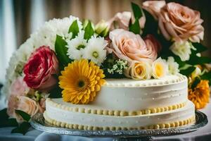 a wedding cake with flowers on top. AI-Generated photo