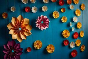 colorful paper flowers hanging from a blue wall. AI-Generated photo