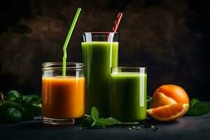 verde zalamero con naranja jugo y menta hojas. generado por ai foto