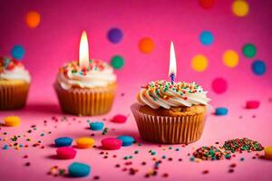 three cupcakes with candles on a pink background. AI-Generated photo