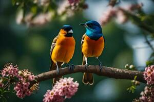 dos vistoso aves sentado en un rama con flores generado por ai foto