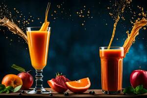 orange juice splashing into a glass with fruit and berries. AI-Generated photo