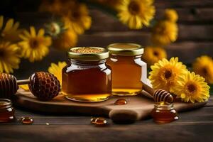 honey and flowers on a wooden table. AI-Generated photo