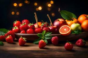 fresh fruits on a wooden table. AI-Generated photo