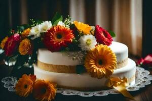 a white cake with orange and yellow flowers. AI-Generated photo