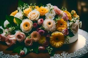 a bouquet of flowers on a cake. AI-Generated photo