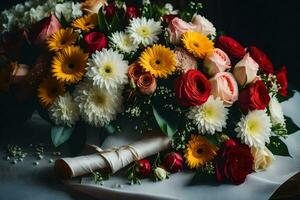 a bouquet of flowers on a table. AI-Generated photo