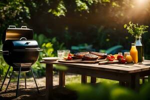 a barbecue grill on a table with food and drinks. AI-Generated photo