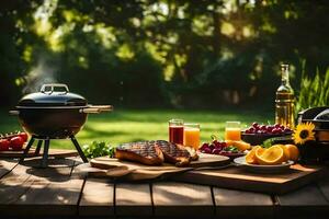 a grill and food on a table in the backyard. AI-Generated photo