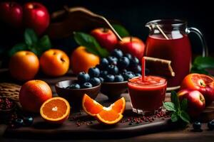 a table with fruit and juice. AI-Generated photo