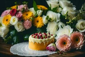 a small cake with flowers on a table. AI-Generated photo