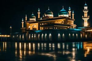 a large mosque lit up at night with blue lights. AI-Generated photo