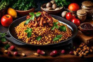 the dish of chickpeas with tomatoes, olives, and other vegetables. AI-Generated photo