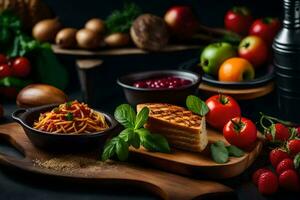 un mesa con comida y vegetales en él. generado por ai foto