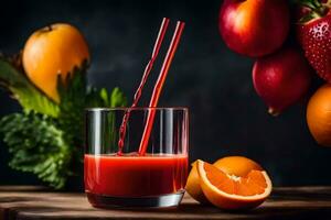 a glass of juice with a straw and oranges. AI-Generated photo