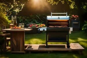 a grill with food on it in the garden. AI-Generated photo