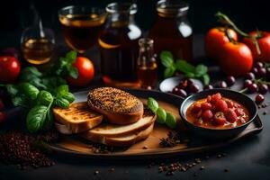 toast with tomato sauce and basil on a dark background. AI-Generated photo