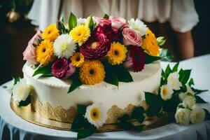 a wedding cake with colorful flowers on top. AI-Generated photo