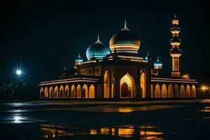 a mosque lit up at night with a light reflecting off the water. AI-Generated photo