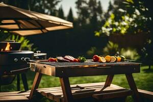 a barbecue grill with food on it in the backyard. AI-Generated photo