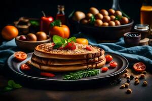 pancakes with tomatoes and eggs on a dark background. AI-Generated photo