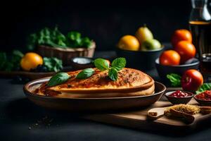 a pie with vegetables and spices on a table. AI-Generated photo