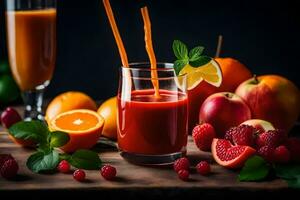 a glass of juice with strawberries, raspberries and oranges. AI-Generated photo