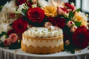 a wedding cake with white frosting and red roses. AI-Generated photo