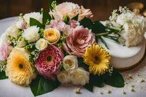 un Boda pastel con flores en cima. generado por ai foto