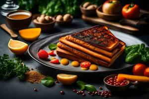 grilled bread on a black plate with vegetables and spices. AI-Generated photo