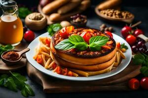 italiano Pizza con tomate salsa y queso en un lámina. generado por ai foto