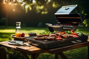 a grill with meat and vegetables on it. AI-Generated photo