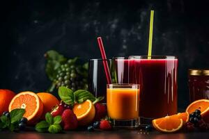 Fresco Fruta y jugo en un oscuro antecedentes. generado por ai foto