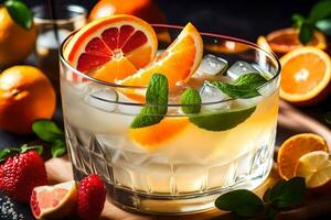 a glass of orange juice with mint leaves and strawberries. AI-Generated photo