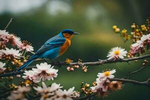 a blue and orange bird is perched on a branch of a flowering tree. AI-Generated photo