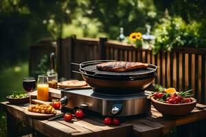 a barbecue grill with food on it on a table. AI-Generated photo