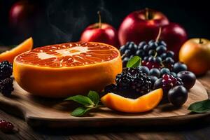 un naranja, moras, y manzanas en un de madera corte tablero. generado por ai foto