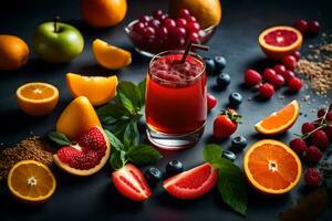 a glass of juice surrounded by various fruits. AI-Generated photo