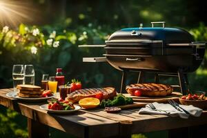 a barbecue grill on a table with food and drinks. AI-Generated photo