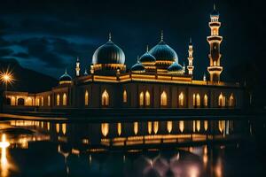 the mosque at night with its lights on. AI-Generated photo