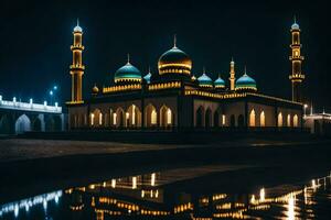 the mosque at night with its lights on. AI-Generated photo